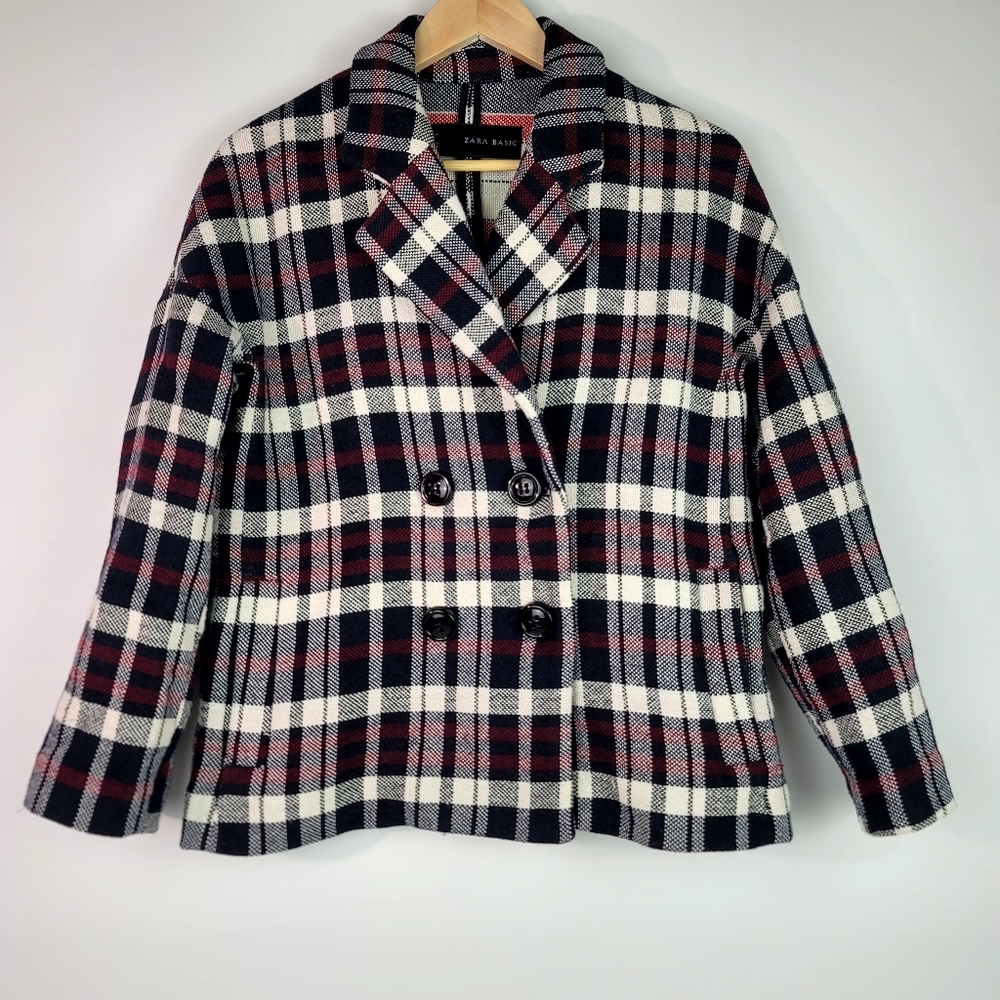 Zara double breasted plaid Cotton blend Blazer size Small